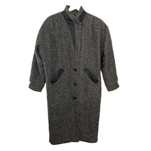 Vtg 80s DONNYBROOK Black White Tweed Long Coat w/Leather Accents Women Sz 12